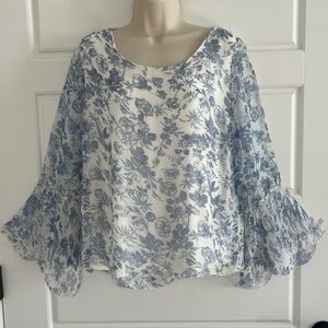 Viola Borghi 100% Silk Blue Floral Blouse Bell Sleeve Romantic Fairycore Size M